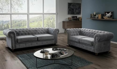 Easy4You Chesterfield Dunkelgrau Velvet 3-Sitzer Sofa 225x74x88 cm Sofas für Wohnzimmer Sofagarnituren mit Holzfüße Set Sofas & Couches