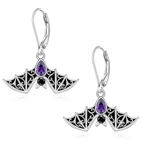 Bat Earrings Halloween Earrings for Women Sterling Silver Black Bat Earring Dangle Gothic Spooky Halloween Jewelry Amethyst