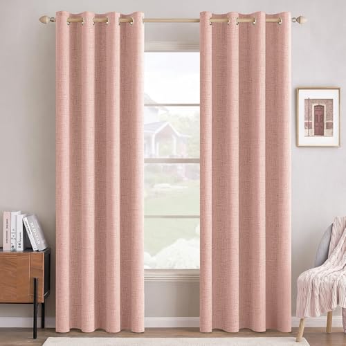 Image of MIULEE Linen Curtains for Bedroom 100% Blackout Thermal Insulated Blush Pink Grommet Room Darkening Curtains & Drapes for Living Room 52 x 90 Inch (2 Panels)