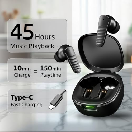 Image of pTron Bassbuds NEO TWS Earbuds w / 13mm Drivers, 45Hrs Playtime, Dual HD Mic & AI-ENC Calls, Custom EQ, Mobile App, Bluetooth V5.4 Earphones, Voice Assistant, Type C Fast Charging & IPX5 (Raven Black)