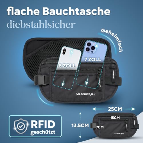 Flache Bauchtasche mit RFID Schutz (wasserdicht) - Geldgürtel für mehr Sicherheit beim Reisen durch RFID Protection - Damen Tasche oder Bauchtasche Herren zum Sport, Joggen und Reisen (schwarz)