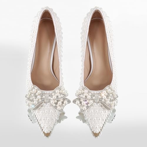 Women's Pearl Rhinestone Bow High Heels Pumps Sparkly Wedding Closed Pointed Toe Bridal Dress4