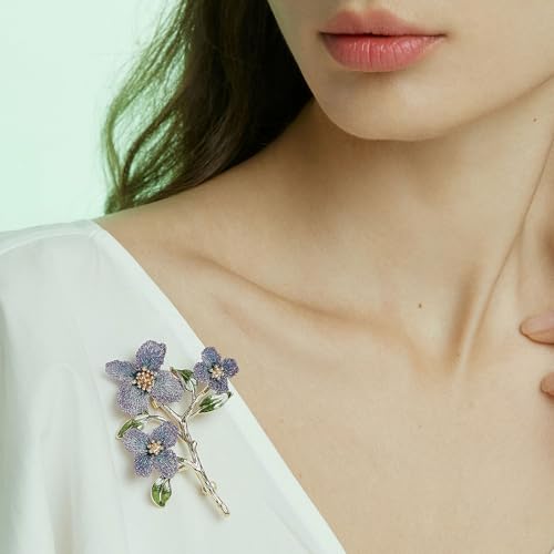 Image of Forget me not Flower Brooch Handmade Gold Thread Embroidered and hand-Drip Enamel leaf, Gradient Botanical Floral Brooch pins for women, SHE'S FREE STYLE JUST FOR YOU [Bencao Gangmu Series]Vintage Plant Jewelry