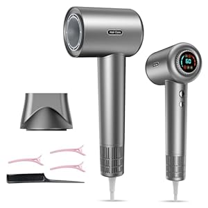 PKBD Professionele föhn met temperatuur-luchtweergave, 110.000 tpm en 400M ionische föhn, 8 standen, magnetische mondstukken voor thuis, op reis en in de salon, grijs