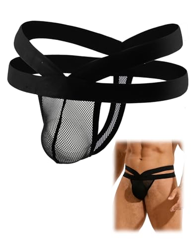 Men’s Jockstrap Sexy Underwear See Through Mesh Jock Strap G-String Thongs Black Bulge Pouch Underpants