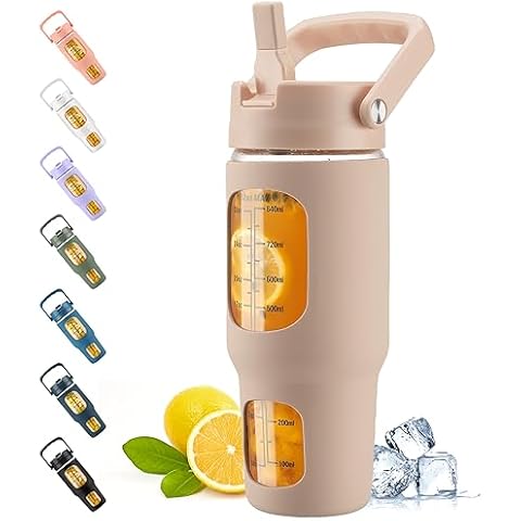 kytffu 32oz Glass Tumbler with Straw and Lid, Reusable Iced Coffee Cup with Handle and Silicone Sleeve, Motivational Bottles with Time Marker, Fits Cup Holder, BPA Free, Leakproof-Light skin Cover