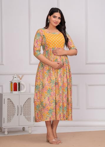Image of Women's Pure Cotton Floral Printed Maternity Feeding Kurti with Zipper Feeding Dress for Women Feeding Gown