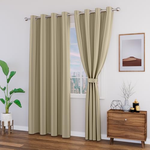 Image of Blackout Window Curtain with Tie Back 6 feet 2 Pcs | Room Darkening, Thermal Insulated, Noise Reducing Heavy Polyester Solid Curtain (Dark Beige Colour)