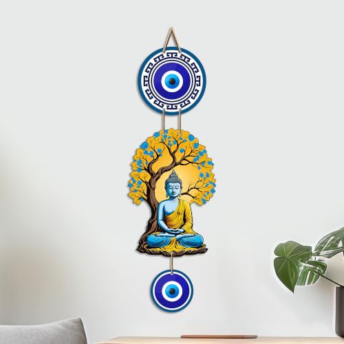 Image of Artvibes Buddha Under Bodhi Tree Wall Hanging with Evil Eye Protection Charm | Spiritual Meditation Decor for Peace | Harmony and Positive Energy | Wall Art for Living Room | Yoga Room (WH 8595N)