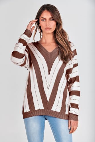PRETTYGARDEN Sweaters for Women 2025 Long Sleeve Striped Knitted V Neck Pullover Jumper Tops Fall Outfits Fashion Clothing
