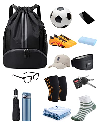 Brotou Soccer Bags, Football Backpack, Volleyball Bag, Drawstring Soccer Backpack With Ball And Shoe Compartment, Gym Bags For Men/Women, Football Bags For Equipment (Black) #TOP1