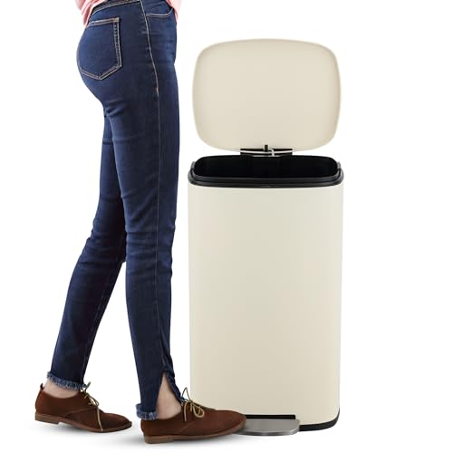 Image of happimess Curtis 8 Gal Step Trash Can Soft Close 25 inch, Limestone Beige | Iron Construction, Satin Finish, Removable Liner, Steel Pedal, 20 Trash Bags Included, Kitchen Office Bin