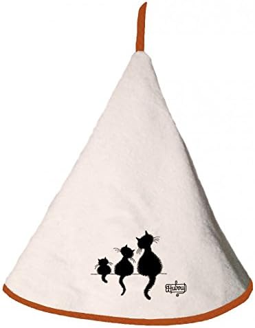 Torchons & Bouchons, Dubout, Trois Chats Noirs (3 Black Cats) French Round Creamy White Hand/Kitchen Towel with Hanging Loop, 100% Cotton