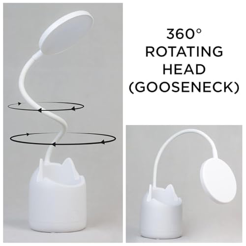 Image of Table Lamp for Study Room with 3 Colour Modes & Adjustable Brightness Levels, Study Lamp with Gooseneck, Pen & Mobile Holder, Rechargeable Lamp Light for Study (White)