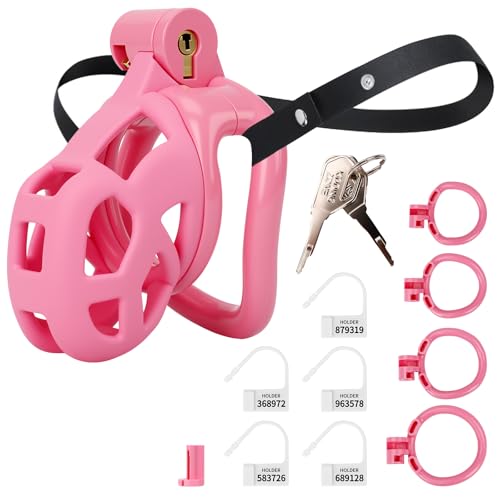 Image of Male Chastity Cage with Elastic Belt & Invisible Lock - 4 Ball Ring Sizes, Ultralight Large Penis Cage for Comfort Fit Long Term Wear(S-70mm) [Pink] - BDSM Gear, Bondage Sex Toys Accessories for Men
