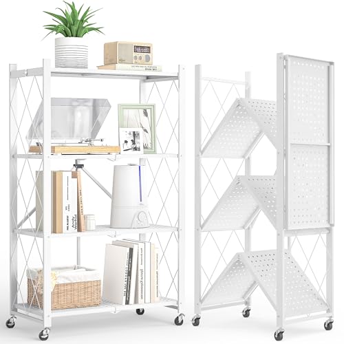 Image of 4-Tier Folding Metal Storage Rack - 50 inch Heavy-Duty Steel Frame with Wheels, No Assembly Utility Organizer, Rolling Shelving Unit for Kitchen, Garage, Pantry, Bedroom (White, 4 Tier)