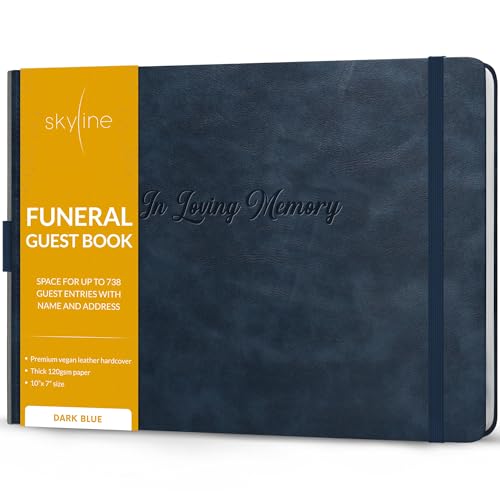 Image of Skyline Funeral Guest Book, Sign In Name & Address, Hardcover Dark Blue | 10 inchx7 inch, Elegant sign-in guestbook for memorial service & celebration of life with large signature space, Memory book