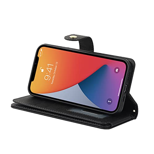 iCoverCase for iPhone 12/12 Pro Wallet Case with Card Holder, Adjustable Crossbody Lanyard PU Leather Kickstand Card Slots Zipper [Not Detachable] Flip Cover Case 6.1 Inch (Black) by iCoverCase - Image 6