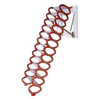 12 Steps Wall-Mounted Attic Ladder, 9.5-10.17ft Wall Mounted Folding Loft Ladder Pull Down System Al-Mg Alloy Retractable Attic Stairs for Attics Garages Roofs Basements Up to 880lbs