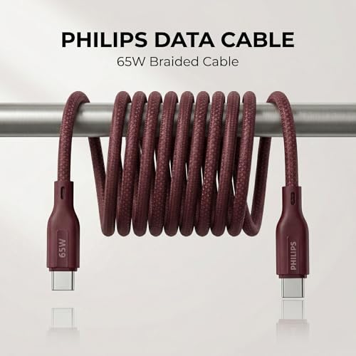 Image of PHILIPS DLC4160CI /94 65W Type-C to Type-C Fast Charging Cable (2m, Iron Red) | Nylon Braided | Compatible with iPhone 15+ Series, USB-C iPad Models, Samsung Galaxy & All Type C Devices