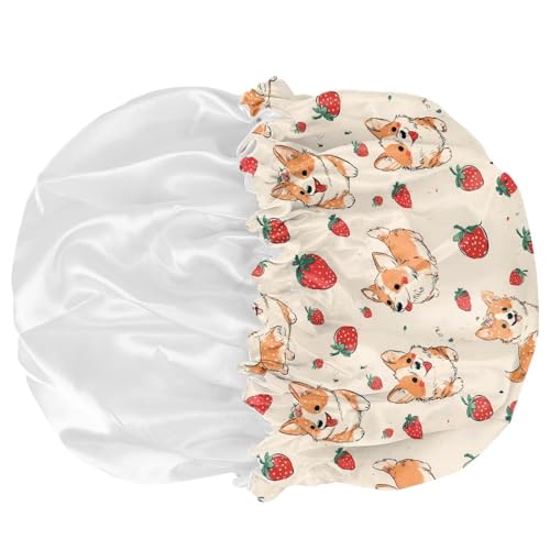 Image of Cute Corgi Satin Bonnet for Kids Satin Sleep Cap Strawberry Night Hat Sleeping with Elastic Adjustable Band Head Hair Cover Comfort Sleeping Beanie Headwear for Toddler Baby Boys Girls