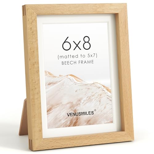 Image of 6x8 Picture Frame, USA-Sourced Natural Beech Wood Photo Collage Frame with HD Tempered Glass, Modern Simple 6 x 8 Wooden Frame Matted to 5x7, Gallery Wall Frames for Art, Wall or Tabletop Display