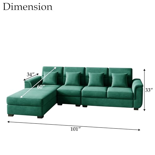 Image of Wood 6 Seater Sofa Set | Velvet Fabric Upholstery | Modern Wooden Frame Sectional Couch with Cushions for Living Room, Home & Office (Green)