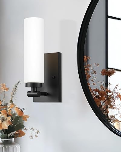Image of Emak Black Sconces Set of 2, Modern Wall Lights with Milk Glass Shade, Farmhouse Vanity Lights for Bathroom, Living Room, Bedroom, Gallery, WS086-BK-ML-2PK