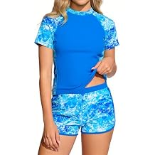 Enlifety 7-16T Girls Swimsuit 2 Piece Bathing Suit Short Sleeve Rash Guard Swimwear Set