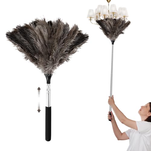 QGGTQG Plumero telescópico de avestruz con mango telescópico, largo, extensible, lavable, antiestático, eficaz colector de polvo, ajustable de 43 cm a 115 cm, para superficies altas
