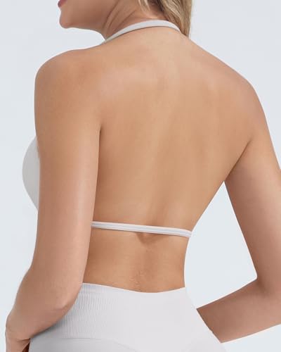 Image of OMKAGI Halter Sports Bras for Women Padded Strappy Bra Open Back Workout Gym Crop