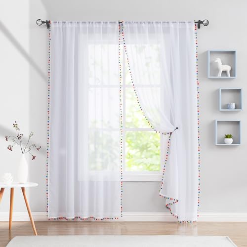 Image of Treatmentex Sheer White Curtains with Multi-Color Pom-Pom Sheer Curtains for Toddler 84 inch Long Linen Textured Decorative Nursery Room Window Drapes 52 inch w 1Pair