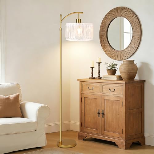 Image of QIYIZM Glass Floor Lamp for Living Room,Bedroom,Gold Dimmable Standing Lamp with Remote,Brass White Tall Lamp Boho Mid Century Modern Floor Lamps Arc Floor Light Lamp Girls Kids Bohemian