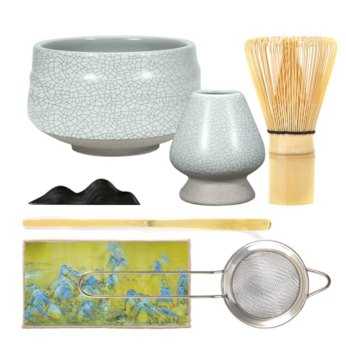 7-teiliges Matcha-Set mit Bambus-Schneebesen (Chasen), Schale (Chawan) & Halter - Umfassendes Zubehör für die traditione...