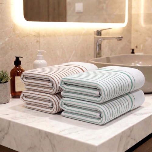 Image of Athom Living Premium Hand Towels- Cotton, 400 GSM, Ultra Soft, Quick Dry, Highly Absorbent | for Hand, Kitchen and Gym | 60 * 40 cm, Pack of 4 (White with Brown & Sea Green Stripes)
