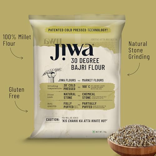 Image of Jiwa 30 Degree Bajri Flour /Atta | Patented Cold Pressed Flour | Slow Ground | Puffed Soft Rotis | Pearl Millet Flour | Gluten Free | 100% Bajra | 1 Kg (Pack of 2)