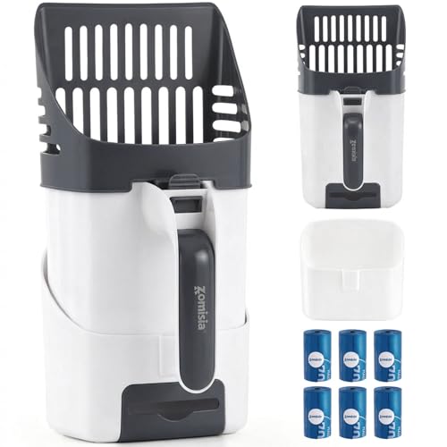 ZOMISIA Cat Litter Scoop with Holder & Trash Can 3-in-1 Mess-Free Poop Scooper Includes 90 Bags Litter Box Scoop Shovel for Sifter Box Waste Disposal Grey White