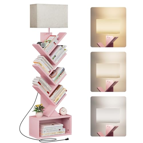 Image of Evermagin 6 Tier Tree Bookshelf with Light, Narrow Bookcase Tower, Tall Floor Standing Book Shelf Organizer with Storage Cabinet for Living Room, Bedroom and Home Office, Pink
