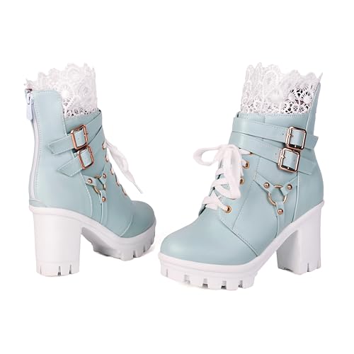Image of BEAUPAS Women's Gothic Lace Up Platform Ankle Boots Buckles | Buckle Strap, Chunky High Heel, Lace Cuff Top, Platform Combat Boots, Women's Footwear