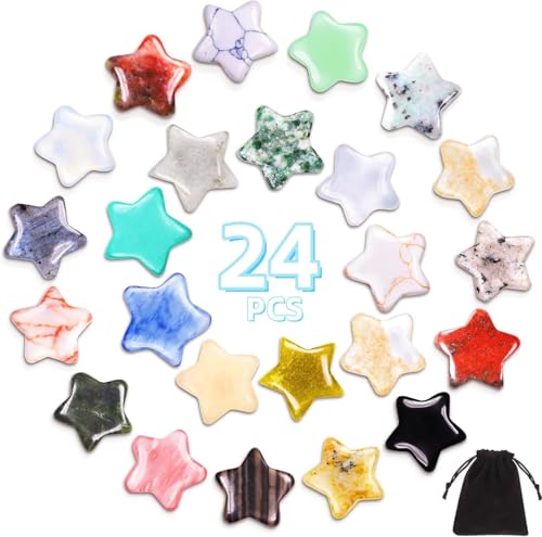 Yimomoyi 24 Pcs Star Shaped Crystals Rock Bulk, Small Polished Assorted Worry Stones Mini Gemstones for Meditation Energy Reiki Mood Balancing DIY Little Amethyst Jewelry Gifts