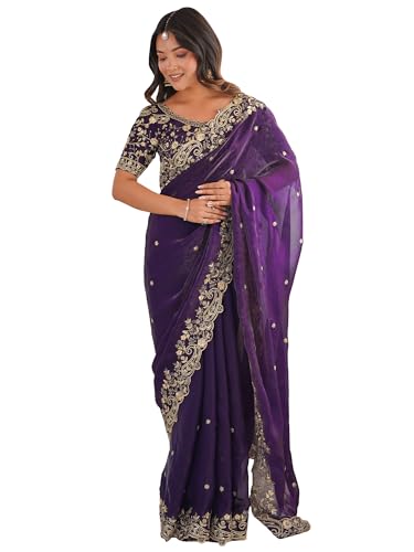 Image of AKHILAM Women's Shimmer Satin Sequence Embroidery Saree With Unstitched Blouse Piece(AARYAN21401 KR Parent)