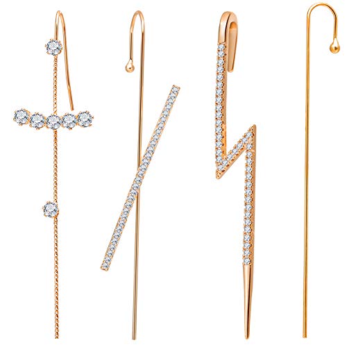Ear Wrap Crawler Hook Earrings for Women Girls Fashion Unique Gold Cuff Earring Set Rhinestone Ear Jewelry (Rose Gold -4PCS)