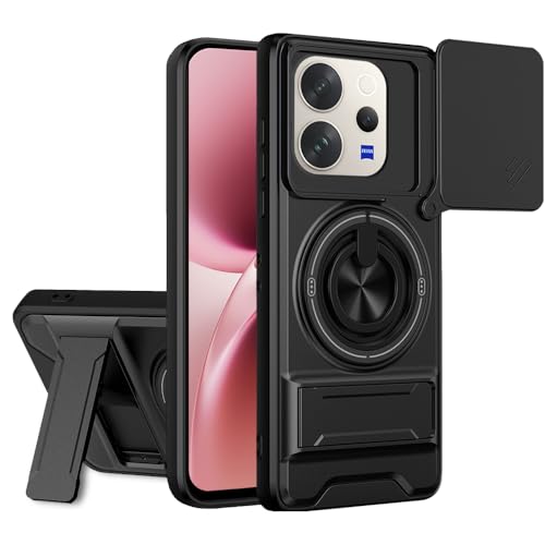 Image of AESTMO Vivo V70 5G / V70 Elite 5G Back Cover | Armor Camera Slider 360 Degree Rotating Finger Ring Holder Case with Bracket Stand Back Case Cover (Compatible with MagSafe Accessories) (Black)