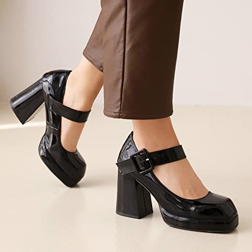 MOOMMO Women Classic Platform Mary Jane Heels Square Toe Chunky High Heel Mary Jane Shoes Ankle Strap Dress Lolita Pumps 4 Inch Block Heel Buckle Strap Sandals Party Casual Wedding Shoes 4-15 M US4