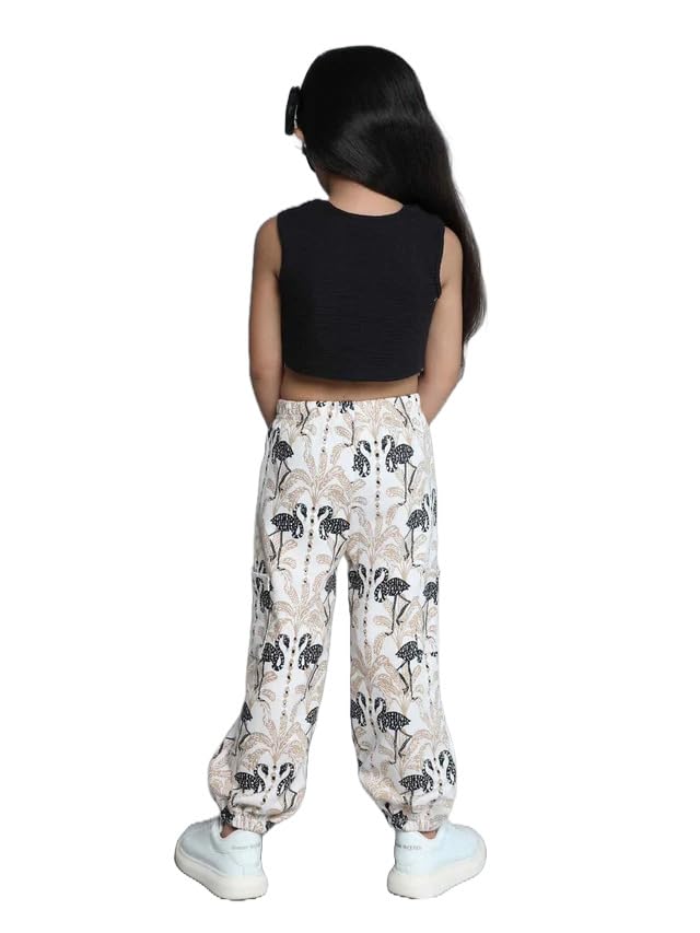 Girls Cotton Rib Sleeveless Solid Top & Palm Tree Printed Joggers Set3