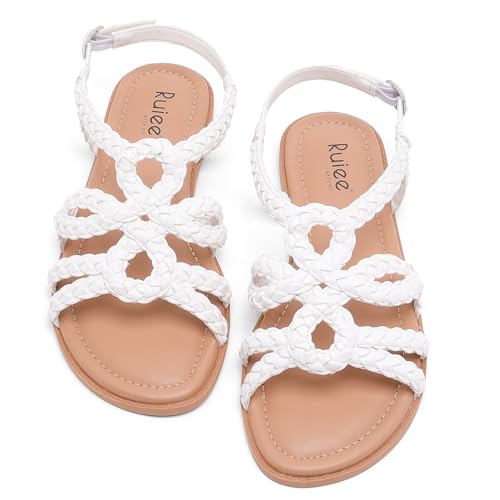 Image of Ruiee Wide Width Sandals for Women, Summer Flat Slides Casual Braided Wide Feet Sandal Comfort Slip on Sandals Open Toe Beach Shoes for Women.