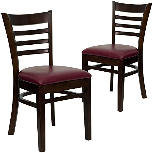 Image of Flash Furniture 2 Pk. HERCULES Series Ladder Back Walnut Wood Restaurant Chair - Burgundy Vinyl Seat
