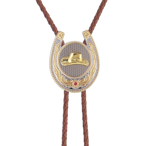 Image of Jeilwiy Bolo Tie for Men, Western Cowboy Golden Longhorn Bull Eagle Horse Cowboy Hat Bolo Necklace Leather Necktie for Women