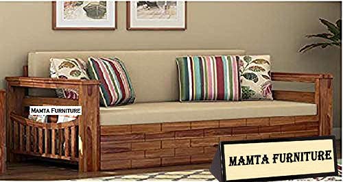 Image of Mamta Furniture Wooden Solid Sheesham Wood 3 Seater Sofa Set with Cushions (3 Seater Sofa, Natural Finish, Beige)