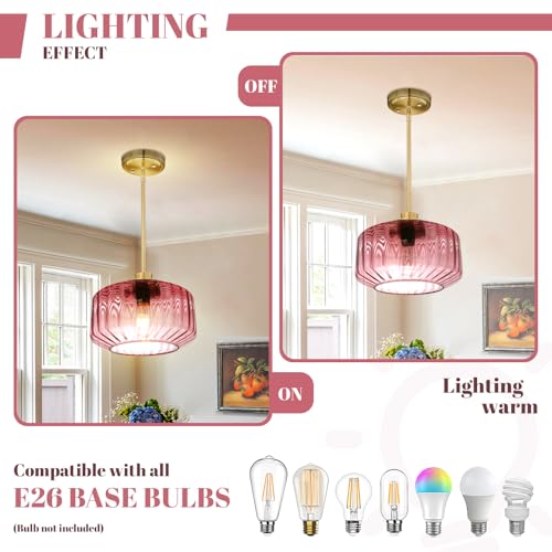 Image of 2-Pack Flush Mount Pendant Light Fixtures Gold Dining Room Light Fixtures with Seeded Purple Glass Shade, 11.02 Inch Industrial Pendant Lamps for Kitchen Island Bar Study Room